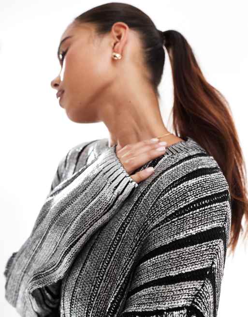 ONLY cropped cable sweater in metallic silver, 3 of 4