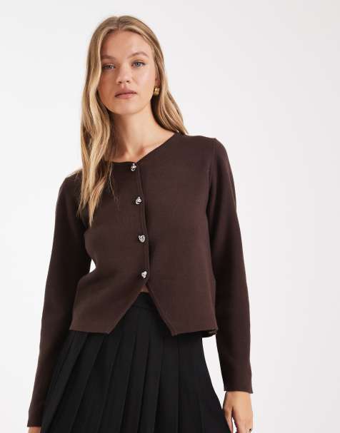 ONLY cropped cardigan with button details in chocolate brown - view 1