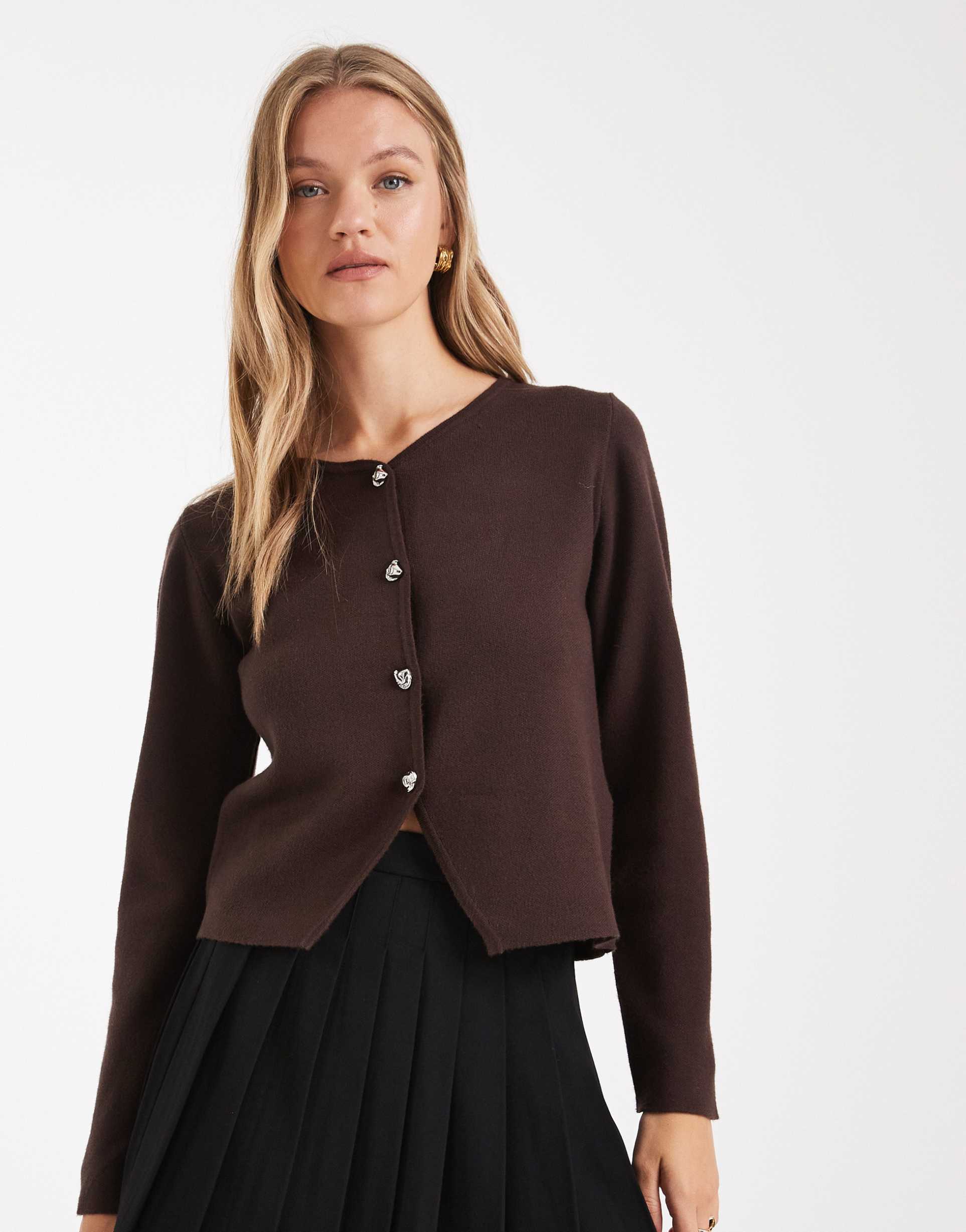 only cropped cardigan with button details in chocolate brown