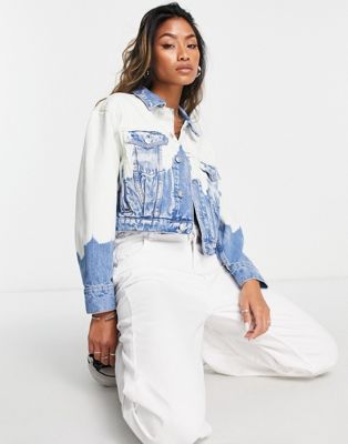Only cropped denim jacket in blue and white tie dye