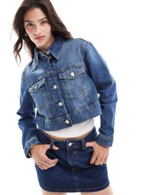 ONLY cropped denim jacket in mid blue