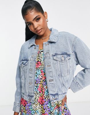 Only cropped denim jacket in mid wash