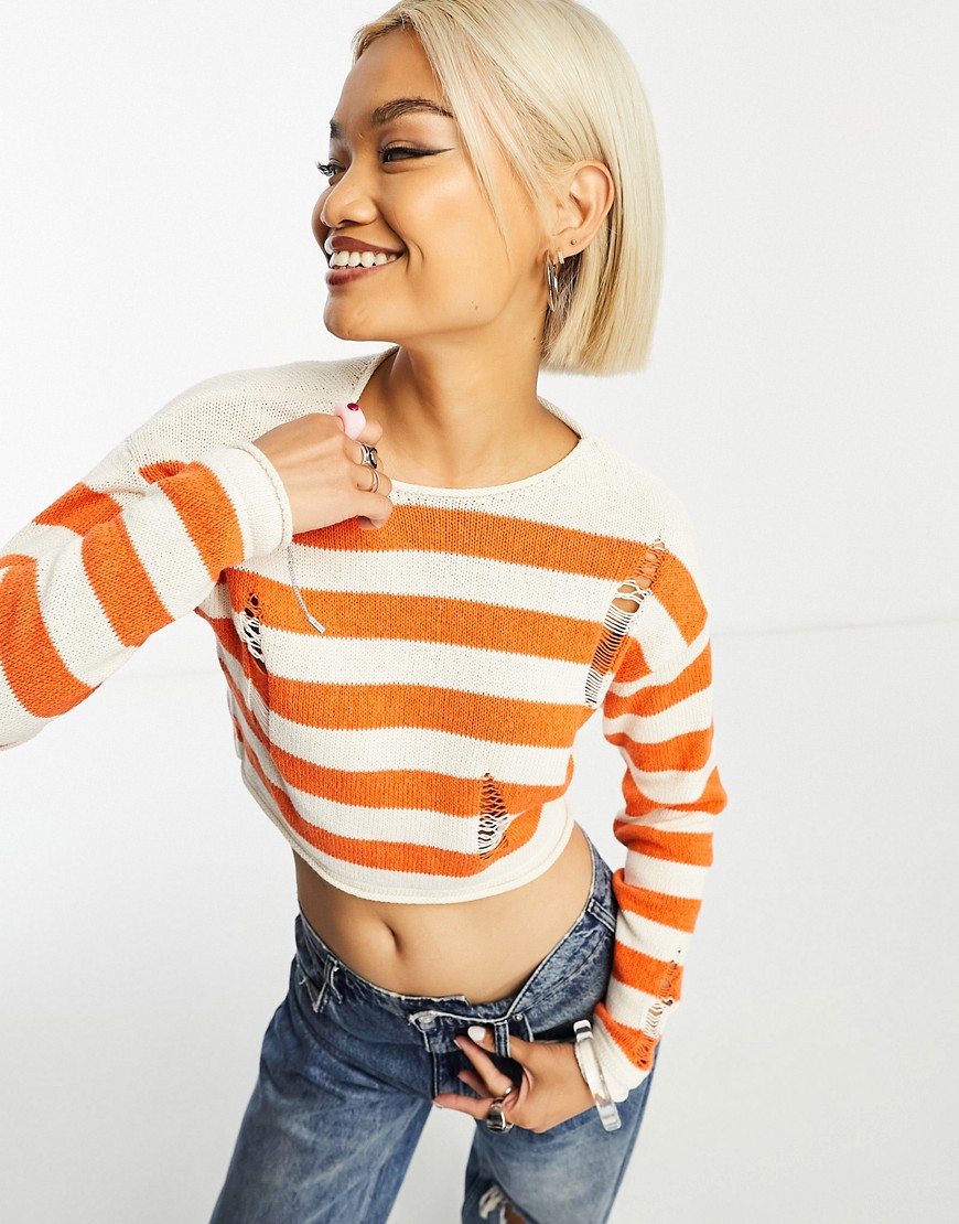 ONLY cropped distressed detail jumper in orange and cream stripe-Multi