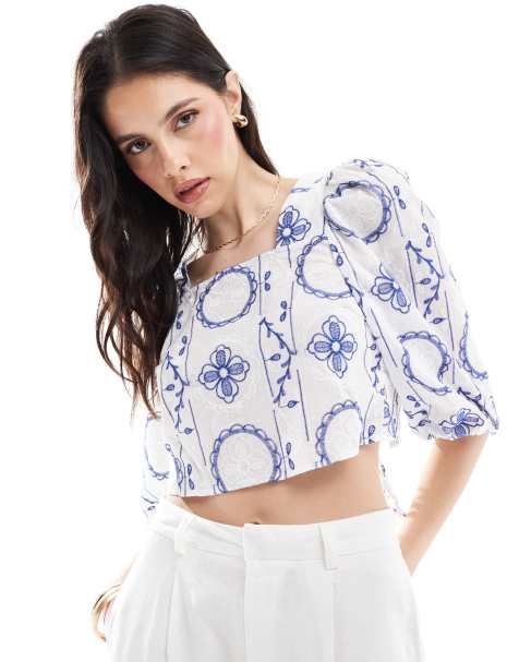 Only cropped embroidered woven top with tie back in white - view 1