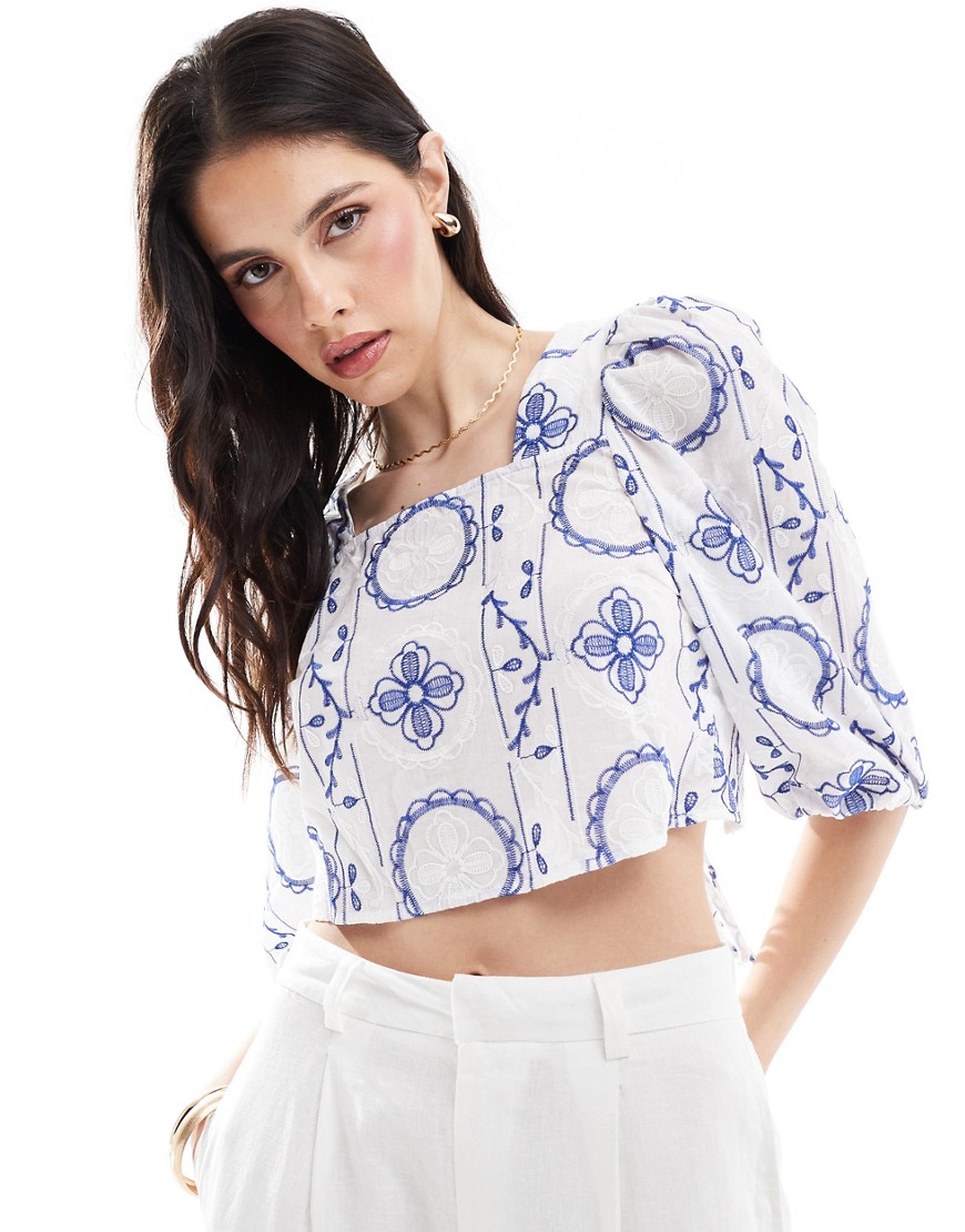 cropped embroidered woven top with tie back in white