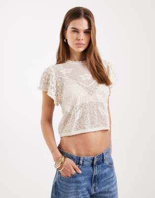 ONLY cropped floral crochet top in beige