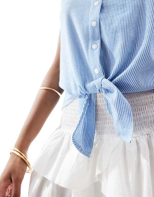ONLY - Cropped hemdje met geknoopte voorkant in witte en blauwe strepen, 4 van 4