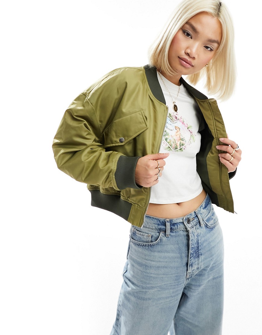 ONLY cropped high shine bomber jacket in khaki-Green