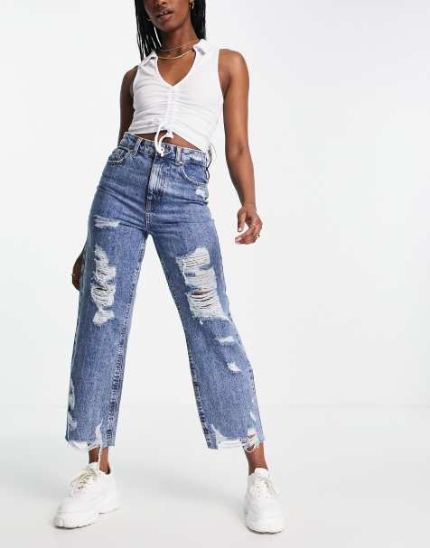 Only - Cropped jeans met rechte pijpen en distressed details in middenblauw - view 1