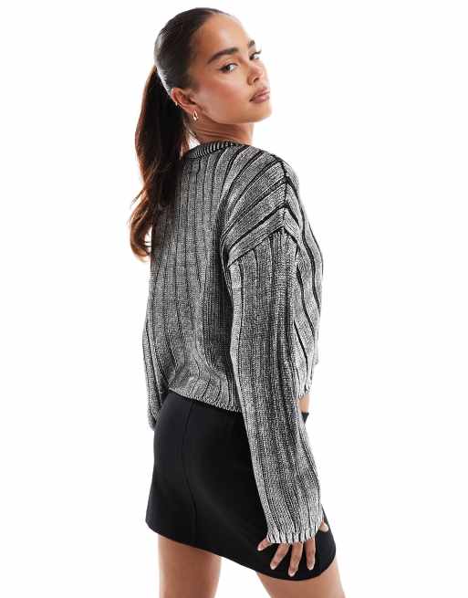 ONLY - Cropped kabelgebreide trui in metallic zilver, 4 van 4