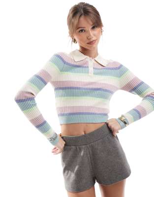 cropped knit polo shirt in pastel stripes-Neutral