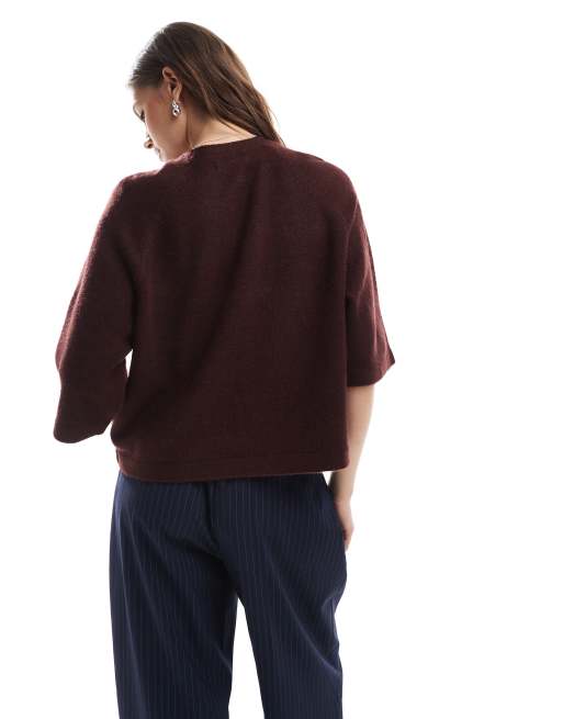 ONLY cropped knitted t-shirt in burgundy, 4 of 4