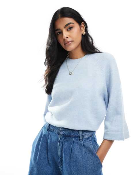 ONLY cropped knitted t-shirt in light blue - view 1
