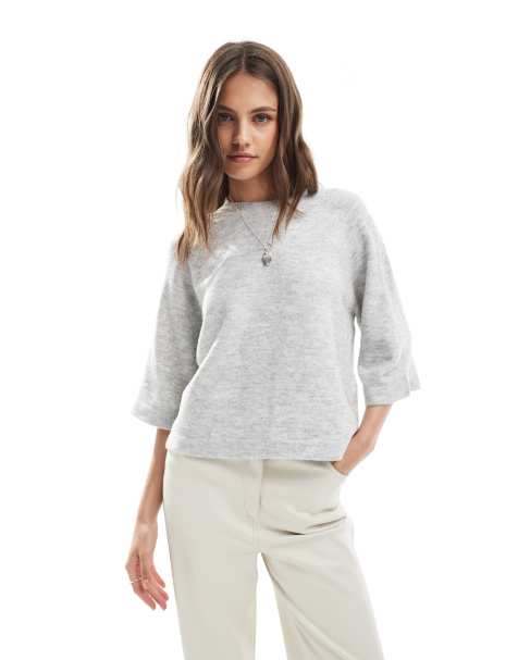 ONLY cropped knitted t-shirt in light grey - view 1