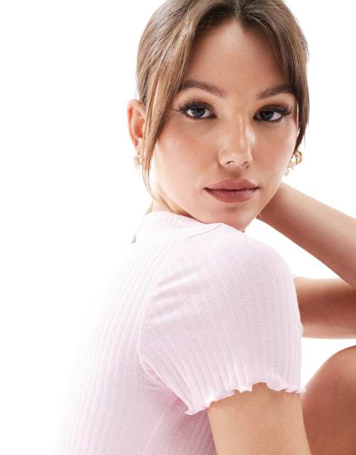 ONLY cropped lettuce edge t-shirt in light pink, 3 of 4