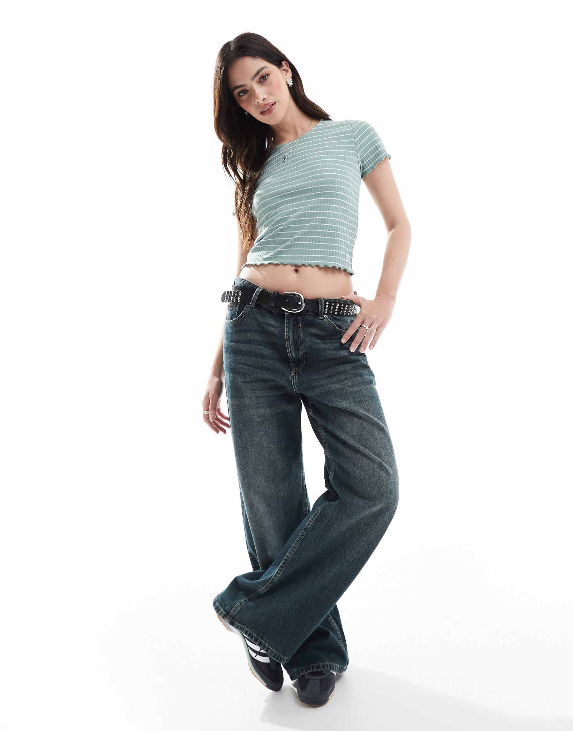 only cropped lettuce edge t-shirt in sage stripes