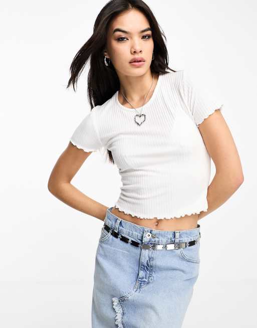 ONLY cropped lettuce edge t-shirt in white , 2 of 4