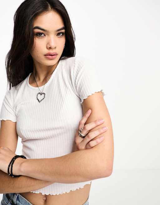 ONLY cropped lettuce edge t-shirt in white , 3 of 4