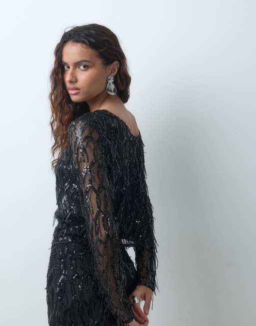 ONLY cropped long sleeve mesh overlay sequin top co-ord in black, 4 of 4