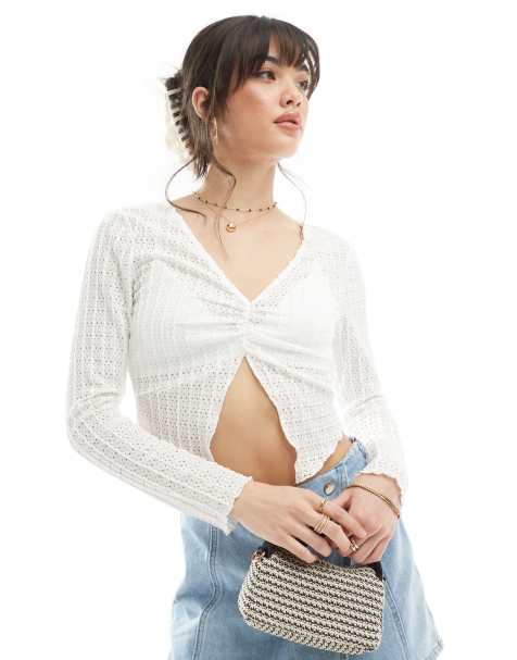ONLY cropped long sleeve v-neck top in white pointelle - view 1
