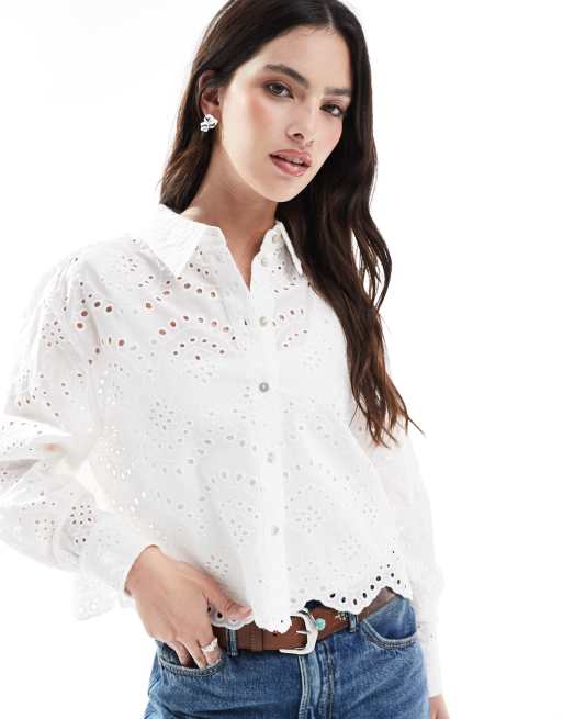 ONLY cropped pointelle shirt in white, 2 of 4