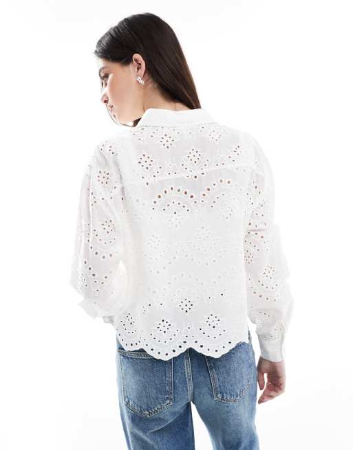 ONLY cropped pointelle shirt in white, 3 of 4