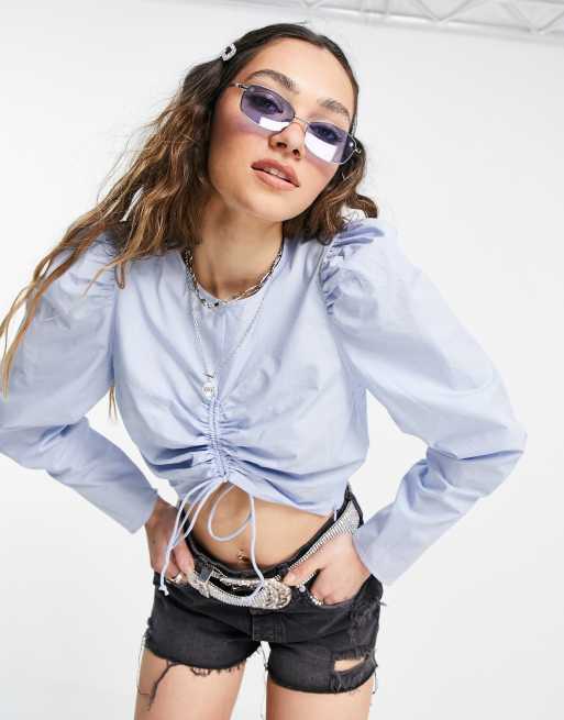 Only cropped poplin top with ruched front detail and puff sleeves in blue
