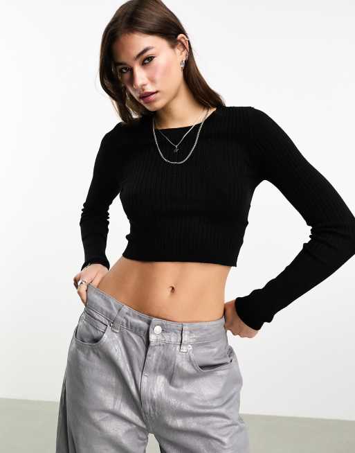 ONLY Black Ribbed Long Sleeve Crop Top