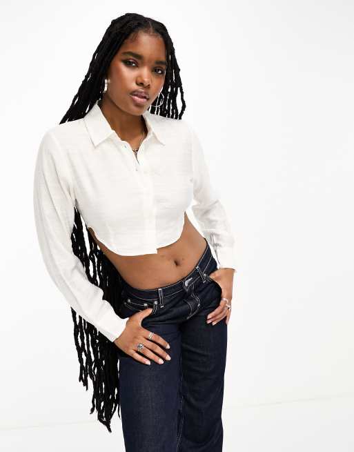 ASOS Design Hook and Eye Crop Shirt with Short Sleeve and Seam Detail in White