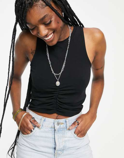 Only cropped singlet top with ruched front in black