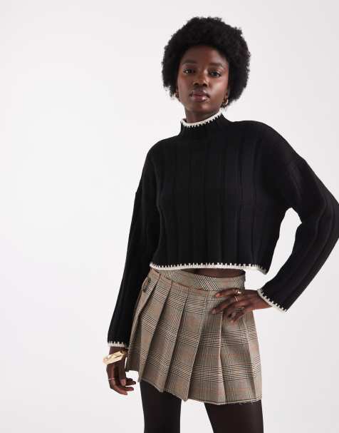 ONLY – Cropped Strickpullover in Schwarz mit farblich abgesetztem Rand - view 1