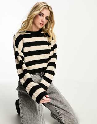 Only Cropped Sweater In Black And Cream Stripe-multi