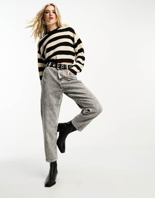 Only cropped sweater in black and cream stripe 