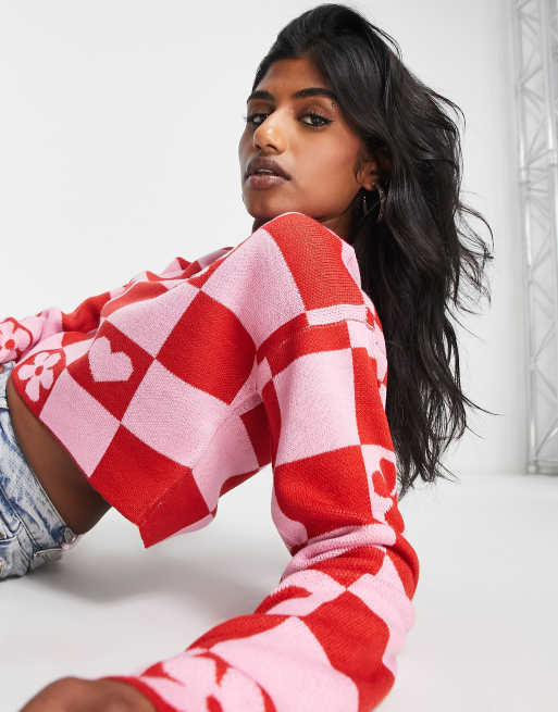 Only cropped sweater in red pink heart plaid