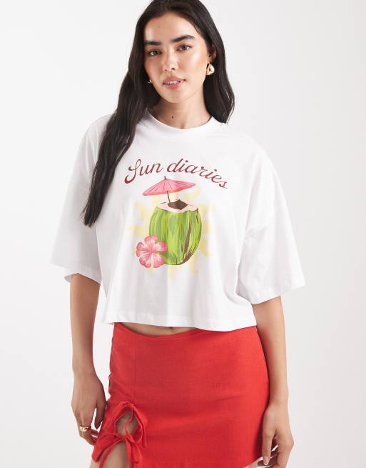 ONLY – Cropped-T-Shirt in Weiß mit Kokosnuss-Grafikprint