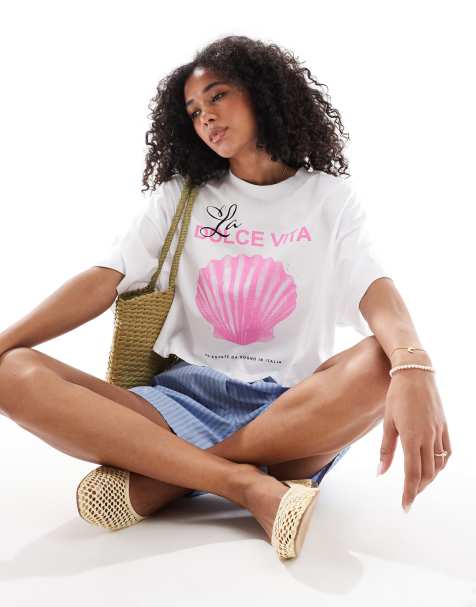 ONLY – Cropped T-Shirt in Weiß mit „La Dolce Vita“-Motivprint - view 1