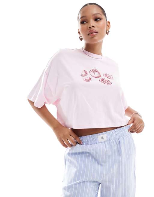 ONLY - Cropped T-shirt med tomatprint i lyserød i firkantet pasform 