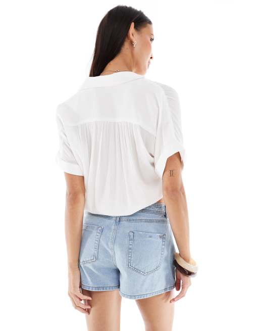 ONLY - Cropped T-shirt met gestrikte voorkant in wit, 3 van 4