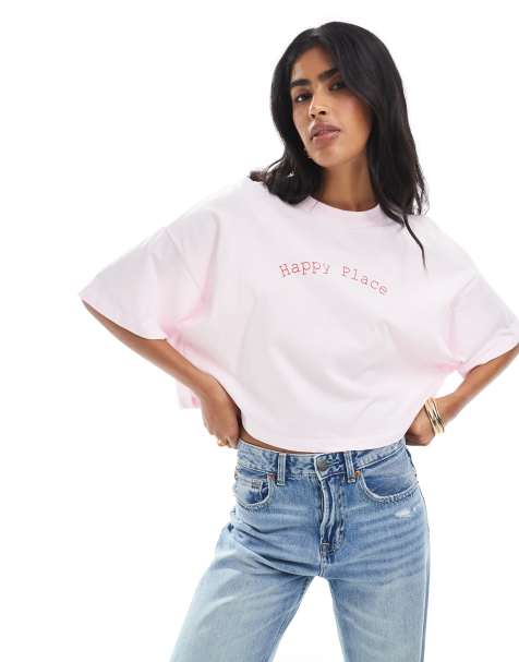 ONLY - Cropped T-shirt met grafische Happy Place-print in roze - view 1