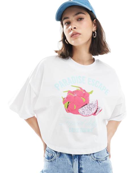 ONLY - Cropped T-shirt met paradise-print in wit - view 1