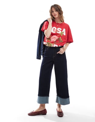 ONLY cropped wide leg fold jeans co-ord in indigo-Blue