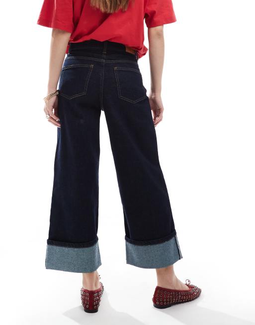 ONLY cropped wide leg folded cuffs jeans in indigo - part of a set