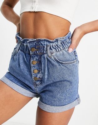 Only Cuba denim shorts with paperbag waist in blue | ASOS