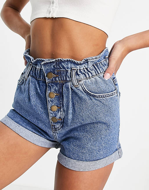 Only Cuba denim shorts with paperbag waist in blue
