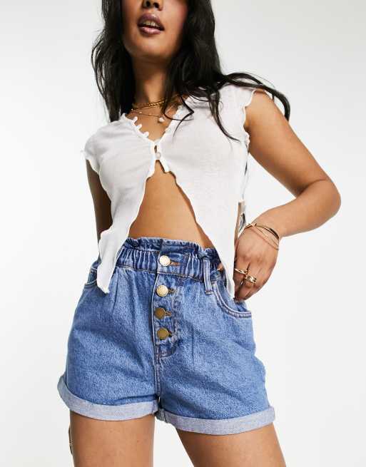 Only - Cuba - Mellemblå denimshorts med paperbag-talje , 4 af 4