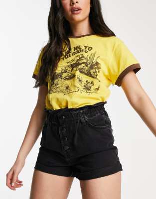 ONLY Cuba paperbag denim shorts in black