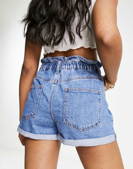 ONLY Cuba paperbag denim shorts in mid blue ASOS