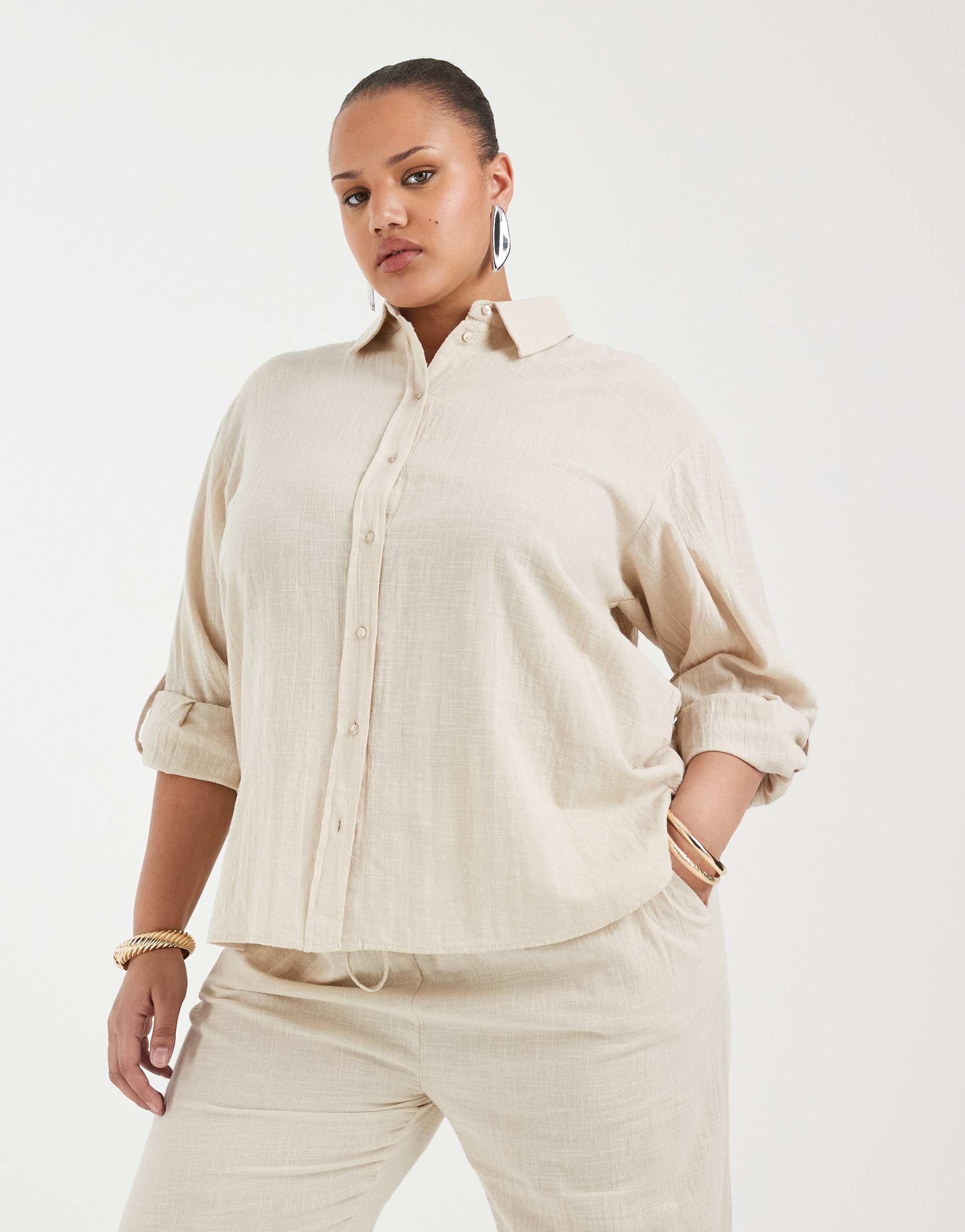 only curve 100% cotton long sleeve shirt in light beige - part of a set