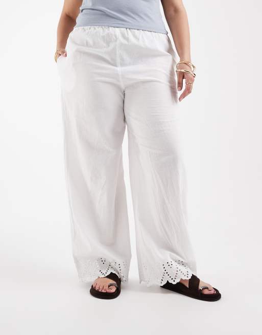 ONLY Curve 100% cotton pull on trousers with embroidery in white, 2 of 5