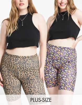 Only Curve Only Curve 2 pack legging shorts in leopard and floral-Black
